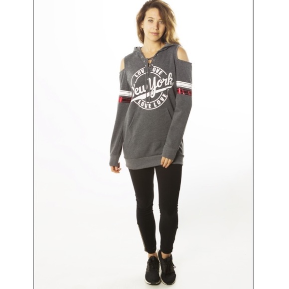 LAST ONE‼️ GRAY/RED LOVE NEW YORK COLD SHOULDER HOODED SWEATSHIRT Sz Women’s XL - Picture 5 of 6